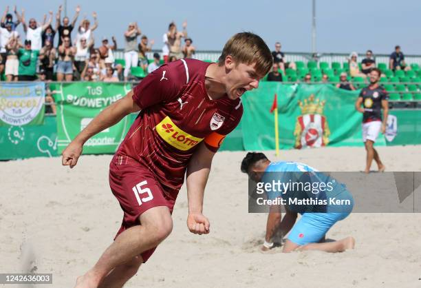 Lukas Luedecke of TUS Sudweyhe celebrates after scoring a goal during the German Beach Soccer Tour final match between TUS Sudweyhe and Beach Royals...