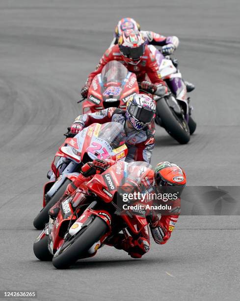 Italian Francesco Bagnaia of Ducati Team and Enea Bastianini of Italy from Gresini Racing MotoGP compete during the CryptoDATA Austrian Grand Prix at...