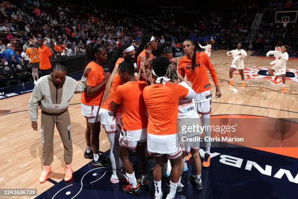 The Connecticut Sun huddle up during Round 1 Game 2 of the 2022 WNBA Playoffs on August 21, 2022 at Mohegan Sun Arena in Uncasville, Connecticut....
