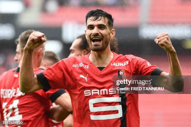 Rennes' French forward Martin Terrier celebrates after scoring his team's first goal during the French L1 football match between Stade Rennais FC and...