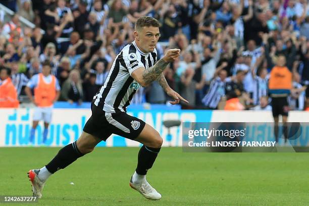 Newcastle United's English defender Kieran Trippier celebrates after scoring his team third goal during the English Premier League football match...