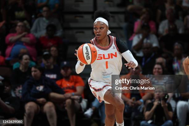 Aleksa Gulbe of the Connecticut Sun dribbles the ball against the Dallas Wings during Round 1 Game 2 of the 2022 WNBA Playoffs on August 21, 2022 at...