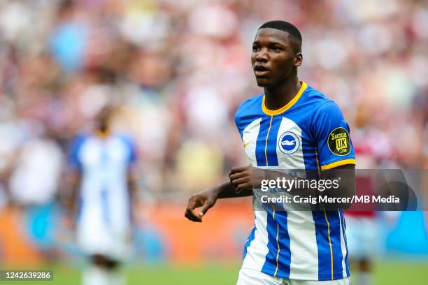 Moises Caicedo of Brighton & Hove Albion looks on during the Premier League match between West Ham United and Brighton & Hove Albion at London...