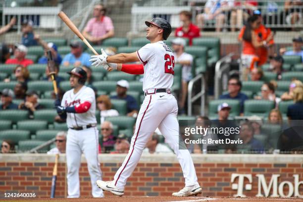 Matt Olson of the Atlanta Braves hits a two-run home run against the Houston Astros in the first inning at Truist Park on August 21, 2022 in Atlanta,...