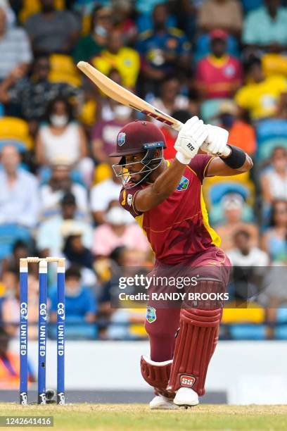 Shai Hope of West Indies hits 4 during the 3rd and final ODI match between West Indies and New Zealand at Kensington Oval, Bridgetown, Barbados, on...