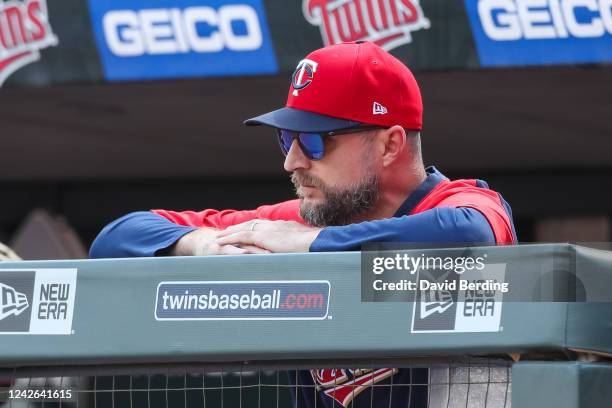 Rocco Baldelli of the Minnesota Twins looks on against the Texas Rangers in the third inning of the game at Target Field on August 21, 2022 in...