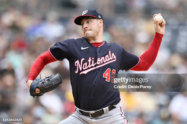 Patrick Corbin of the Washington Nationals pitches during the first inning of a baseball game against the San Diego Padres on August 21, 2022 at...