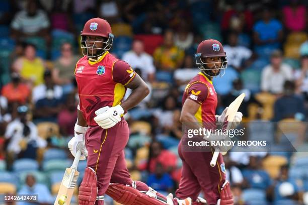 Kyle Mayers and Shai Hope of West Indies 100 partnership during the 3rd and final ODI match between West Indies and New Zealand at Kensington Oval,...