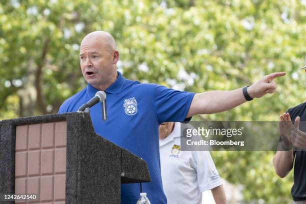 Sean O'Brien, general president of the International Brotherhood of Teamsters, speaks during a rally with Vermont Independent Senator Bernie Sanders...