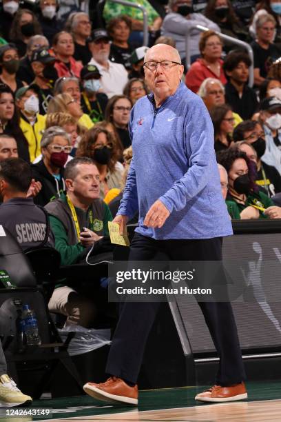 Head Coach Mike Thibault of the Washington Mystics looks on during the game against the Seattle Storm during Round 1 Game 2 of the 2022 WNBA Playoffs...