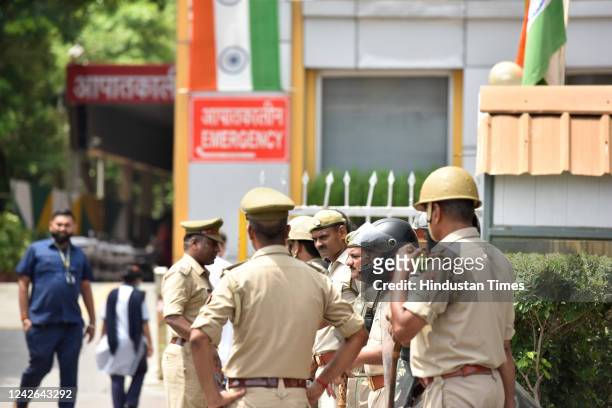 Police personnel deployed at Kailash hospital in Sector 27, during the maha panchayat called by the Tyagi community, on August 21, 2022 in Noida,...
