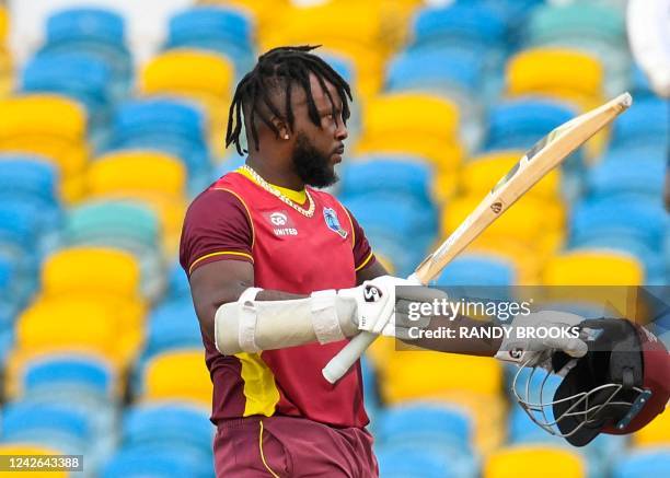 Kyle Mayers of West Indies celebrates his century during the 3rd and final ODI match between West Indies and New Zealand at Kensington Oval,...