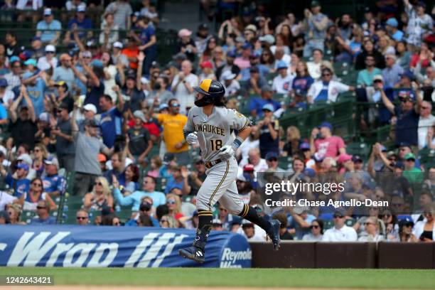 Keston Hiura of the Milwaukee Brewers runs the bases after hitting a two run home run to center field against the Chicago Cubs in the ninth inning at...