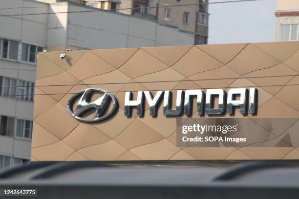 South Korean multinational automotive manufacturer, Hyundai Motors and commonly known as Hyundai logo seen in St. Petersburg. Official car dealers...