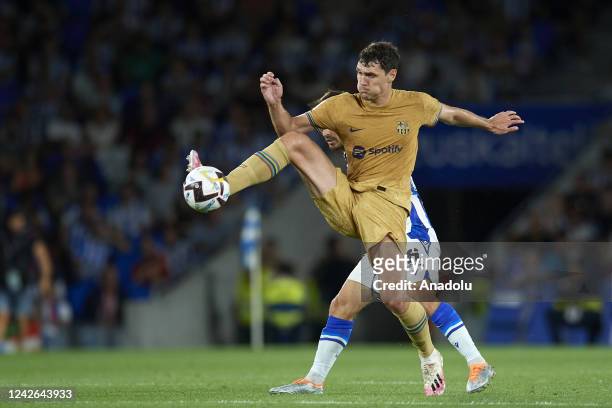 August: Andreas Christensen centre-back of Barcelona and Denmark controls the ball during the La Liga Santander match between Real Sociedad and FC...
