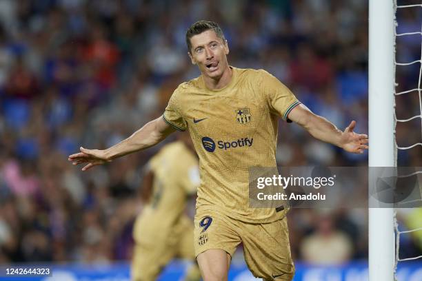 August: Robert Lewandowski centre-forward of Barcelona and Poland celebrates after scoring his sides second goal during the La Liga Santander match...