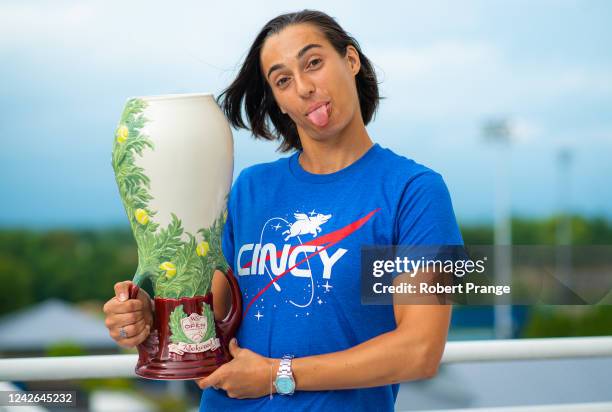 Caroline Garcia of France poses with the champions trophy after defeating Petra Kvitova of the Czech Republic in the women's final on Day 9 of the...