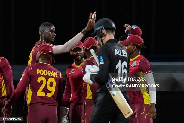 Jason Holder of West Indies celebrates the dismissal of Finn Allen of New Zealand during the 3rd and final ODI match between West Indies and New...