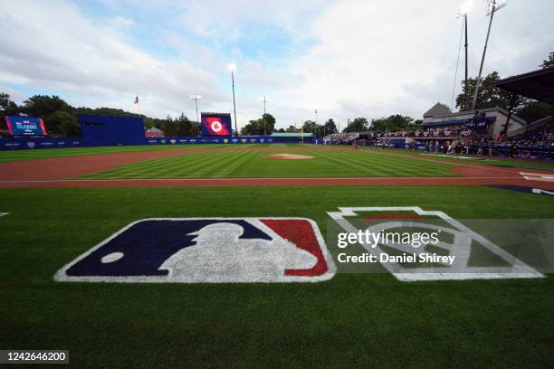 General view of the Major League Baseball and Little League International logos on the field prior to the game between the Boston Red Sox and the...