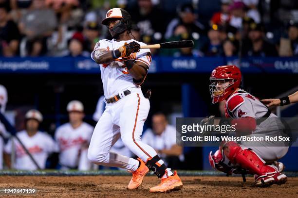 Jorge Mateo of the Baltimore Orioles hits a go-ahead RBI double during the eighth inning of the 2022 Little League Classic game against the Boston...