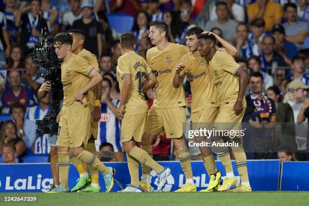 August: Ansu Fati left winger of Barcelona and Spain celebrates after scoring his sides first goal during the La Liga Santander match between Real...