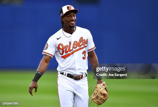 Jorge Mateo of the Baltimore Orioles looks on prior to the game against the Boston Red Sox at Bowman Field on August 21, 2022 in South Williamsport,...