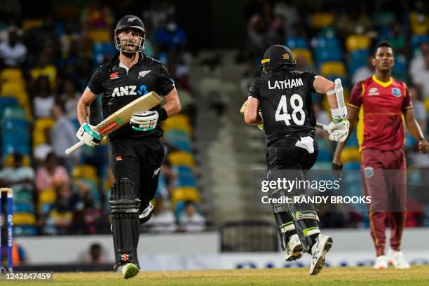 Daryl Mitchell and Tom Latham of New Zealand 100 partnership during the 3rd and final ODI match between West Indies and New Zealand at Kensington...