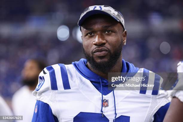 Yannick Ngakoue of Indianapolis Colts is seen during the game against the Detroit Lions at Lucas Oil Stadium on August 20, 2022 in Indianapolis,...