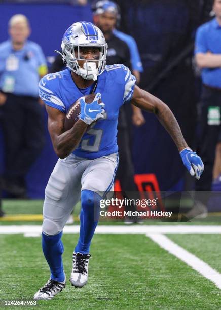 Maurice Alexander of Detroit Lions runs the ball during the game against the Indianapolis Colts at Lucas Oil Stadium on August 20, 2022 in...