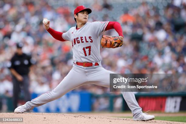 Los Angeles Angels starting pitcher Shohei Ohtani delivers a pitch during an MLB game against the Detroit Tigers on August 21, 2022 at Comerica Park...