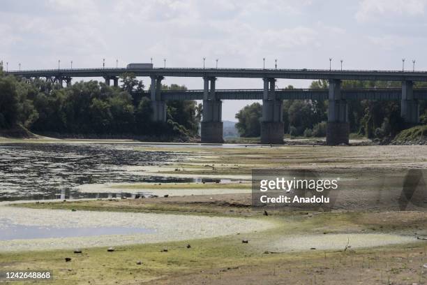 View of the Danube river, second longest river in Europe, as it has reached historically low levels after extreme drought in Giurgiu, Romania on...