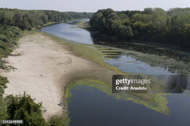 View of the Danube river, second longest river in Europe, as it has reached historically low levels after extreme drought in Giurgiu, Romania on...