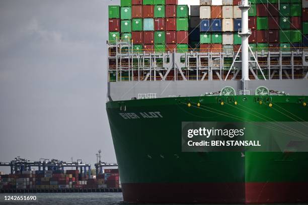 Piles of containers are pictured on the deck of the Ever Alot container ship docked at the empty UK's largest freight port, in Felixstowe, on August...