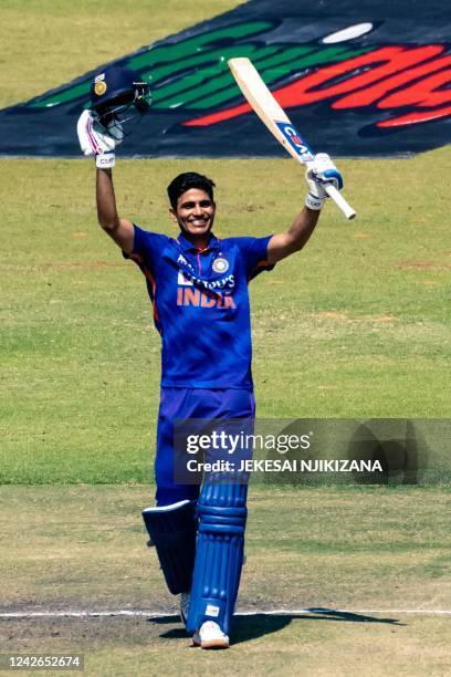 India's Shubman Gill celebrates after scoring a century during the third one-day international cricket match between Zimbabwe and India at the at the...