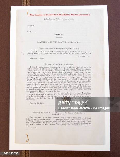 Cabinet memorandum on Palestine and the Balfour Declaration, dated January 1923, which has gone on display at General Register House, Edinburgh, as...