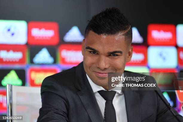 Real Madrid's Brazilian midfielder Casemiro smiles as he addresses a press conference during his official farewell event, at the Ciudad Real Madrid...