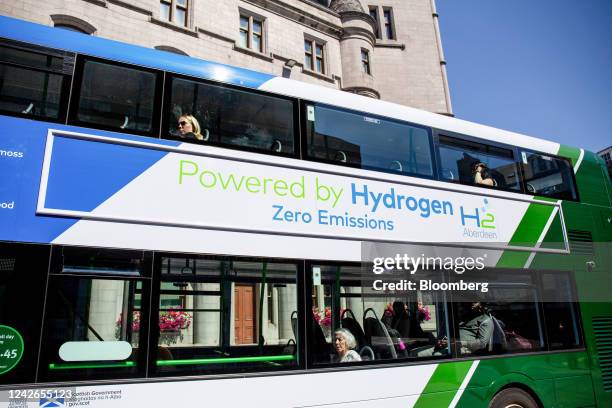 Passengers ride a hydrogen-powered bus in the city centre of Aberdeen, UK, on Monday, July 18, 2022. Aberdeen in northeast Scotland is trying to make...