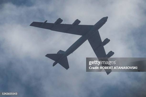 Air Force's B-52 bomber flies over Skopje, on August 22, 2022. - Two US B-52 bombers, currently stationed at Fairford Air Force Base in the United...