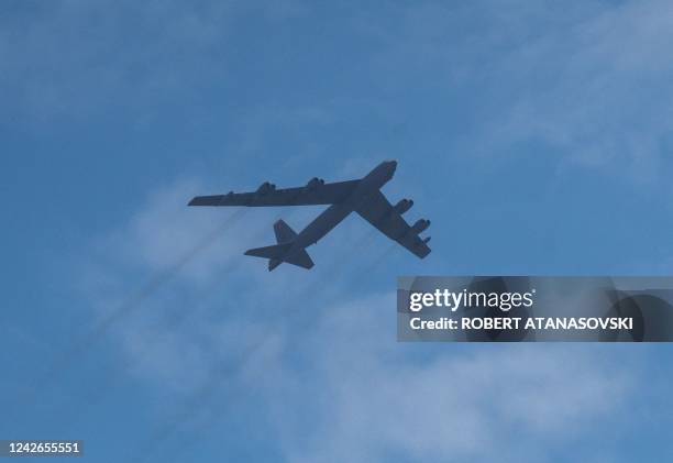 Air Force's B-52 bomber flies over Skopje, on August 22, 2022. - Two US B-52 bombers, currently stationed at Fairford Air Force Base in the United...