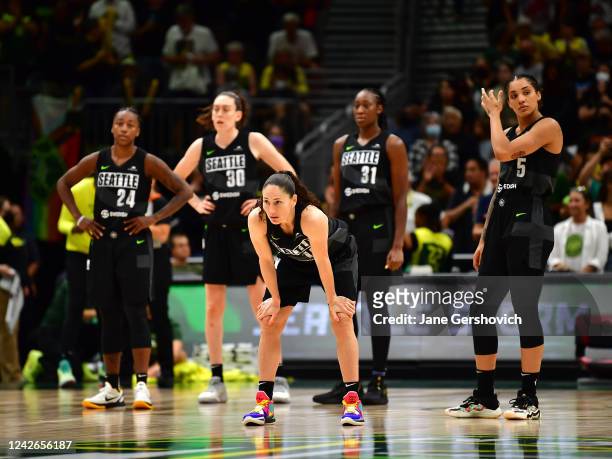Sue Bird of the Seattle Storm during the game against the Washington Mystics during Round 1 Game 2 of the 2022 WNBA Playoffs on August 21, 2022 at...