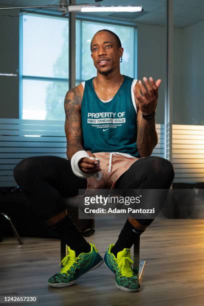 Behind the scenes photo of a DeMar DeRozan of the Chicago Bulls workout on August 16, 2022 in Los Angeles, California. NOTE TO USER: User expressly...