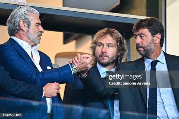 Andrea Agnelli chairman of Juventus greets Maurizio Arrivabene c.e.o. Of Juventus and Pavel Nedved vice president of Juventus prior to kick-off in...