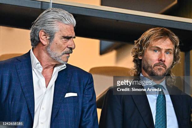 Maurizio Arrivabene c.e.o. Of Juventus and Pavel Nedved vice president of Juventus look on prior to kick-off in the Serie A match between UC...