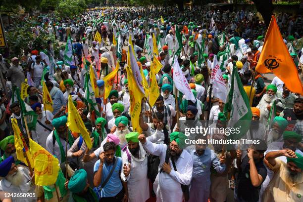 Farmers during a protest called by some farm unions to press for a legal guarantee for MSP and other demands at Jantar Mantar on August 22 2022 in...