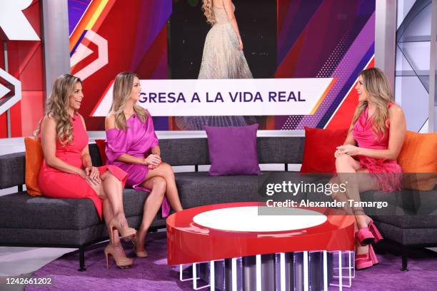 Lourdes Stephen, Jessica Carrillo and Natalia Alcocer are seen on the set of Telemundo's "Al Rojo Vivo" on August 22, 2022 in Doral, Florida.