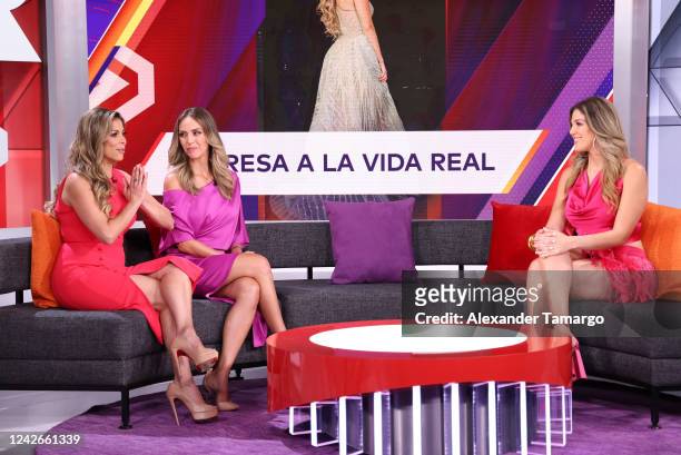 Lourdes Stephen, Jessica Carrillo and Natalia Alcocer are seen on the set of Telemundo's "Al Rojo Vivo" on August 22, 2022 in Doral, Florida.
