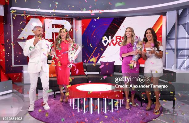 Rodner Figueroa, Lourdes Stephen, Jessica Carrillo and Azucena Cierco are seen on the set of Telemundo's "Al Rojo Vivo" on August 22, 2022 in Doral,...
