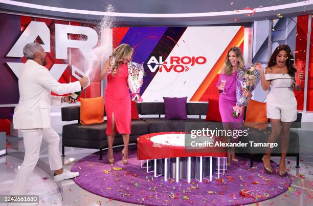 Rodner Figueroa, Lourdes Stephen, Jessica Carrillo and Azucena Cierco are seen on the set of Telemundo's "Al Rojo Vivo" on August 22, 2022 in Doral,...