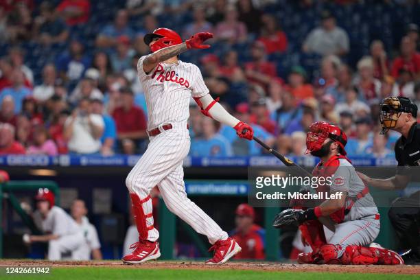Nick Castellanos of the Philadelphia Phillies hits a solo home run in the bottom of the second inning against the Cincinnati Reds at Citizens Bank...