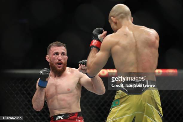Jose Aldo battles Merab Dvalishvili in their Bantamweight bout during the UFC 278 at the Vivint Arena on August 20, 2022 in Salt Lake City, Utah,...